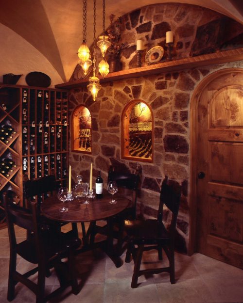 Wine Cellar with italian ceiling hanging lights.